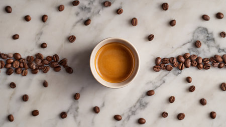 Cup of coffee with coffee beansle background. Top viewの写真素材