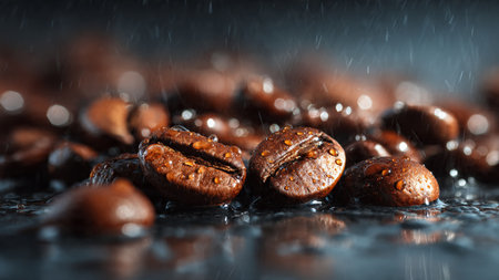 Coffee beans with drops of water on a dark background.の写真素材