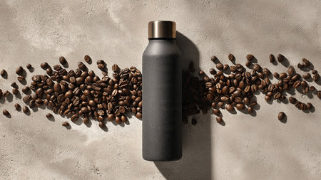 Bottle with protein powder and coffee beans on light background, top viewの写真素材