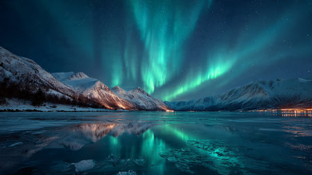 Aurora borealis, northern lights over Lofoten islands, Norwayの写真素材