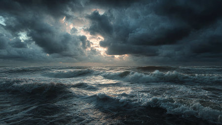 Stormy sea at sunset. Dramatic sky with stormy cloudsの写真素材