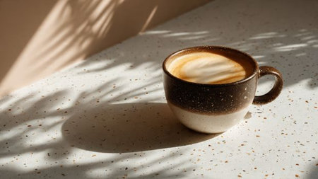 Cup of coffee with latte art on white table with shadows and sunlight.の写真素材