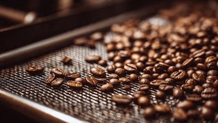 Coffee beans on a conveyor belt. Selective focus.の写真素材