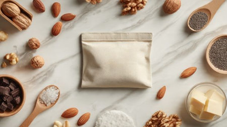 top view of bag with chia seeds, nuts and butterle surfaceの写真素材