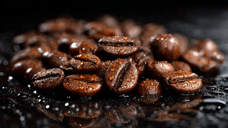 coffee beans on a black background with water drops, close-upの写真素材