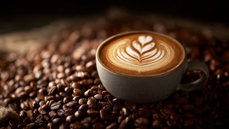 Coffee cup with latte art on coffee beans background.の写真素材