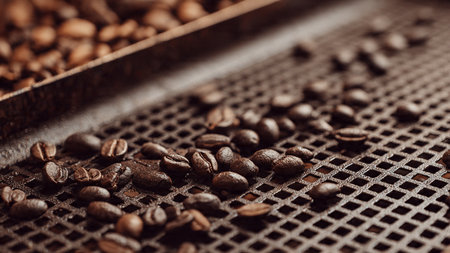 Roasted coffee beans on a grinder. Selective focus.の写真素材