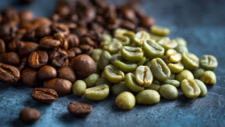 Coffee beans on a dark background with copyspace.の写真素材