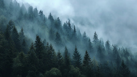 Foggy mountain landscape with coniferous forest in the foregroundの写真素材