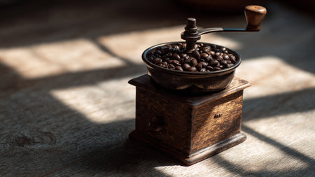 Coffee grinder with coffee beans on a wooden table.の写真素材