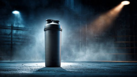 Black sport water bottle on dark background with smoke and spotlight. Mixed mediaの写真素材
