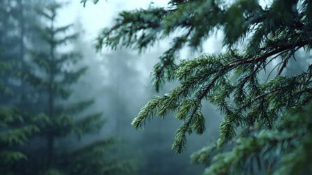 spruce branches in the mist in the forest, close-up
