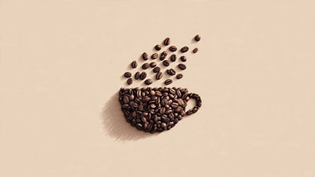 Coffee cup with coffee beans on a beige background.の写真素材