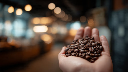Coffee beans in hand, Coffee shop blur background with bokeh image.の写真素材