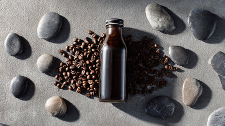 Bottle of coffee and beans on grey stone background, top viewの写真素材