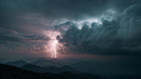 Stormy sky with lightning in the mountains, panoramic view