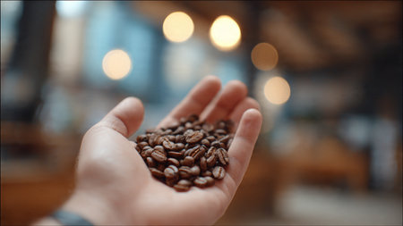 Coffee beans in the hands of a man on a blurred background