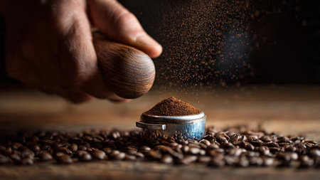 grinder with ground coffee and coffee beans on the wooden table.の写真素材