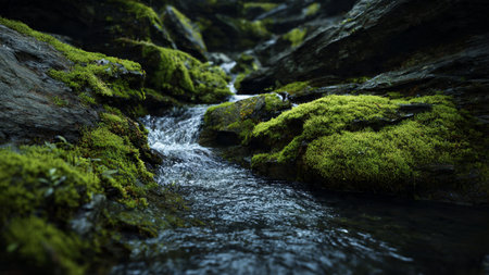 Mossy rocks in a mountain stream, close-up.の写真素材