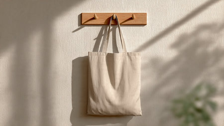 Eco bag hanging on wooden hanger on white wall with shadows