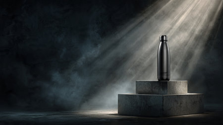 Cosmetic bottle on concrete pedestal with spotlights on dark backgroundの写真素材