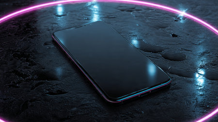 Smartphone with neon light on black background. 3D Rendering
