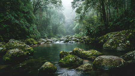 Stream in the forest with misty and foggy morning, Thailand