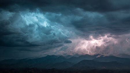Stormy sky with lightning in the mountains of the Sierra Nevada.の写真素材