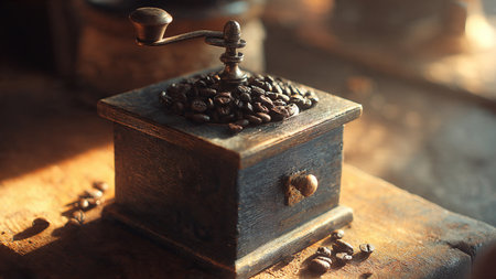 Coffee grinder with coffee beans on a wooden table.の写真素材