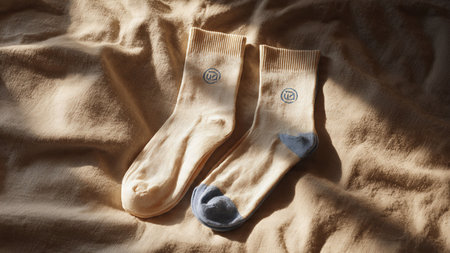 Pair of baby socks on the bed, soft focus background.