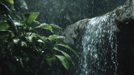 waterfall in the rainforest, natural background with raindrops falling downの写真素材