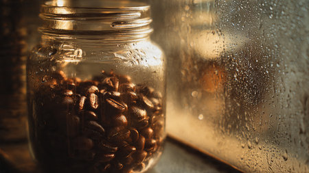 coffee beans in a glass jar on the background of the windowの写真素材