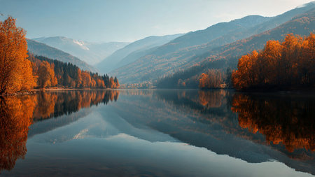 Colorful autumn landscape with mountain lake and forest reflected in calm water