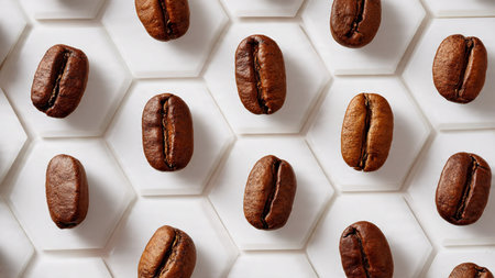 Coffee beans on white hexagon background. Top view.