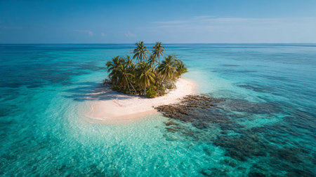 Tropical island with palm trees at Maldives. Aerial view