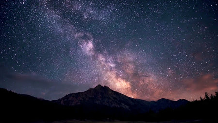 Milky way and stars in the night sky with silhouette of mountains