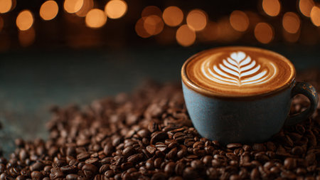 Coffee cup with latte art on bokeh background