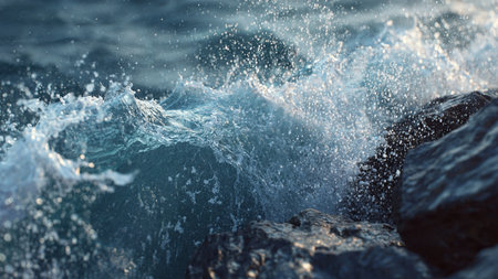 Waves breaking on the rocks in the sea, close-upの写真素材