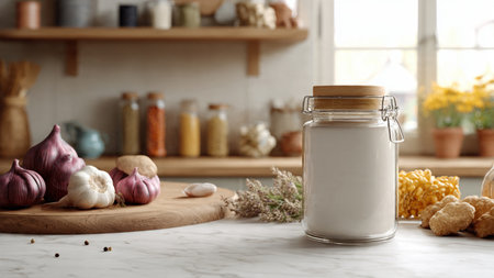 Glass jar of fresh ingredients on a table in modern kitchenの写真素材