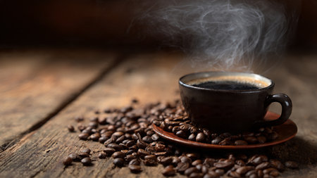 Coffee cup and coffee beans on old wooden table with smoke