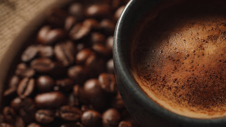 Cup of coffee with coffee beans on sackcloth, closeup