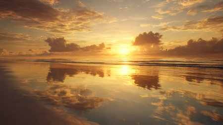 Beautiful sunset at the beach with clouds and sky reflected in waterの写真素材