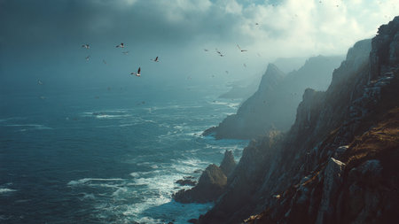 Beautiful seascape with seagulls flying over the cliffs
