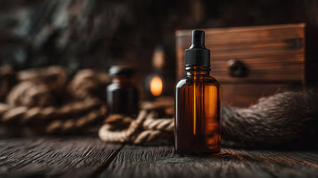 Essential oil in a glass bottle on a dark wooden background.の写真素材