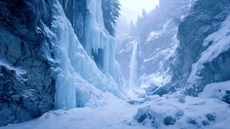 Frozen waterfall in the winter forest. Beautiful winter landscape with frozen waterfall.
