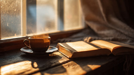 Cup of coffee and book on a wooden table near the windowの写真素材