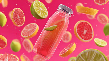 Falling grapefruit, lime and lemonade in glass bottle on pink background