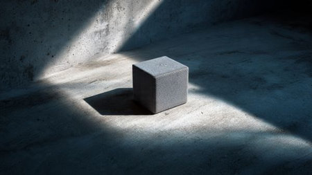 3d rendering of a concrete cube in an empty room with shadowの写真素材