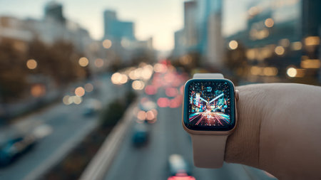 Smartwatch with the image of the city on the background of the roadの写真素材