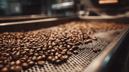Coffee beans on conveyor belt in coffee factory. Industrial backgroundの写真素材